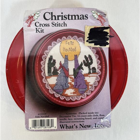 Christmas Cross Stitch Kit in a Tin Feliz Navidad Wolves Cactus Sealed #028108 - Picture 1 of 6